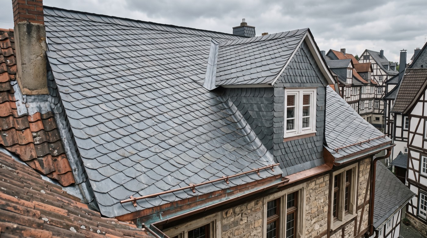 Schieferdach in Altdeutscher Deckung mit Gaube, Kupferrinne und Zinkkehle über einer Fachwerkstadt