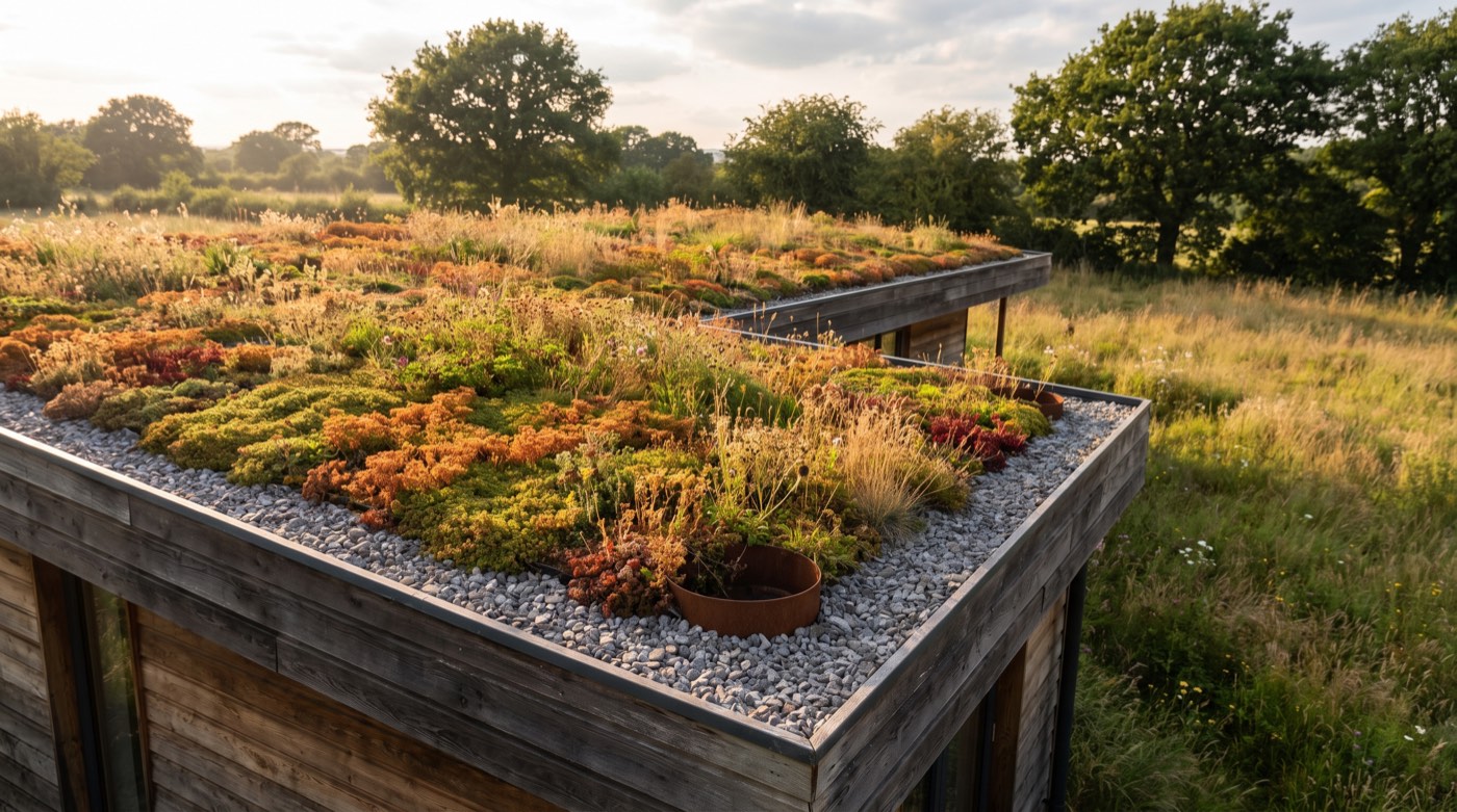 Extensiv begrüntes Dach mit Sedum, Gräsern und Kiesstreifen am Rand