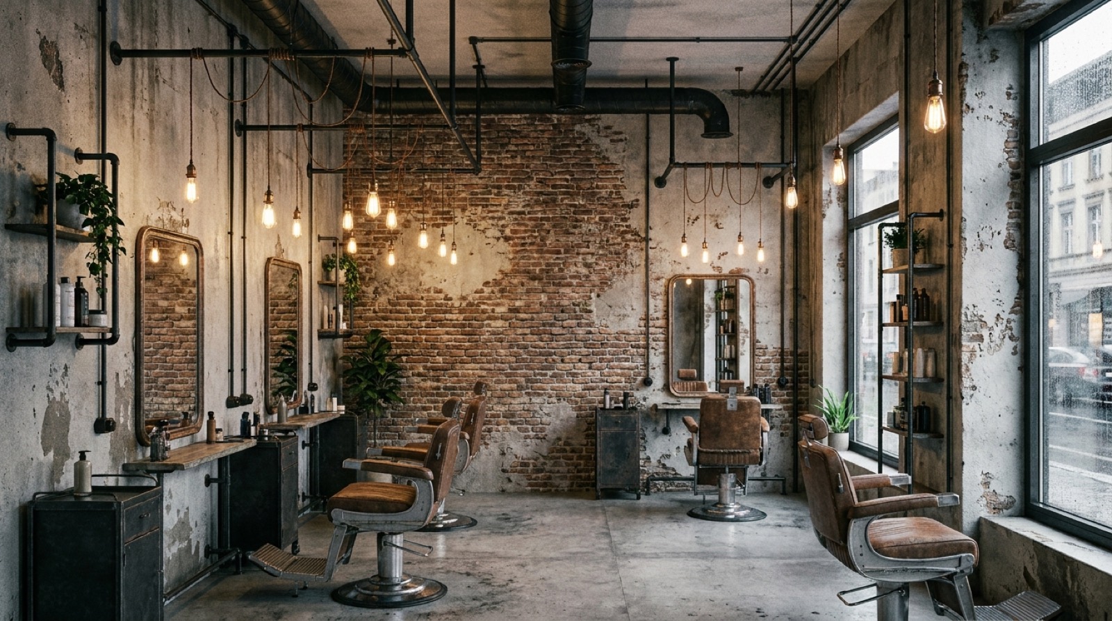 Barbershop in einer Industriehalle mit Sichtziegelwand, Rohbeton, schwarzen Stahlrohren, hängenden Glühbirnen und drei Ledersesseln auf Chromfüßen