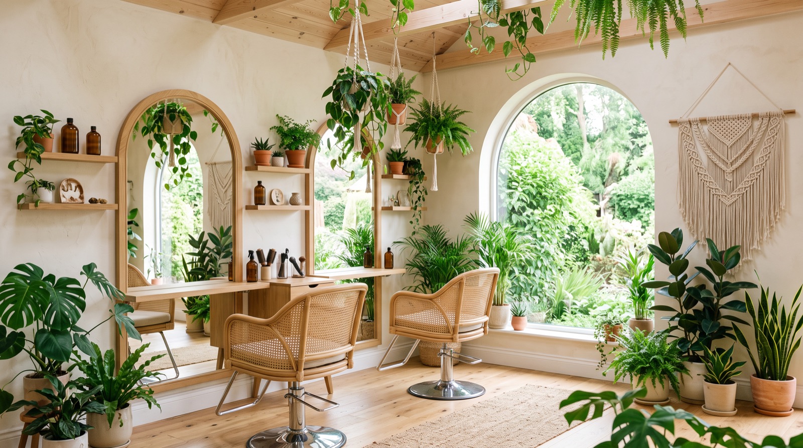 Salonraum mit zwei Rattansesseln vor Eichenspiegeln, Bogenfenster mit Blick in einen grünen Garten und vielen Zimmerpflanzen