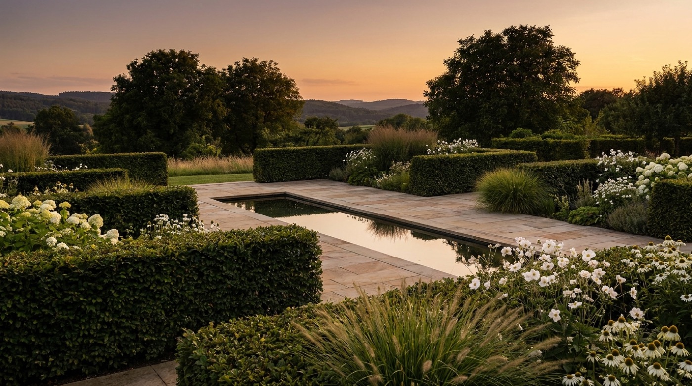 Gestalteter Garten mit geschnittenen Hecken, Sandsteinterrasse und Wasserbecken im Abendlicht