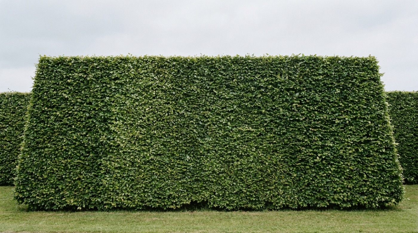 Frisch geschnittene Hainbuchenhecke mit sauberer Kante vor bedecktem Himmel