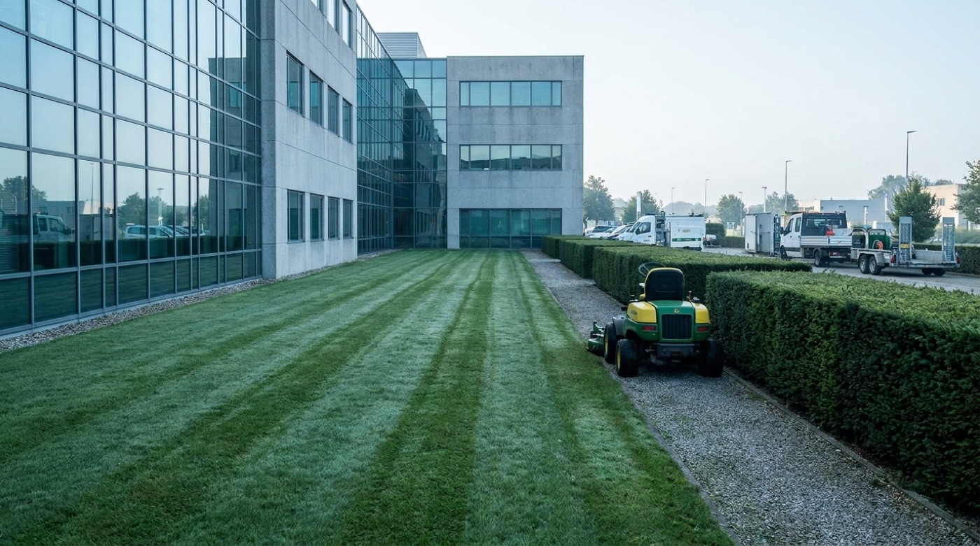 Gemähte Rasenfläche mit Schnittstreifen an einem Bürogebäude, daneben eine geschnittene Hecke