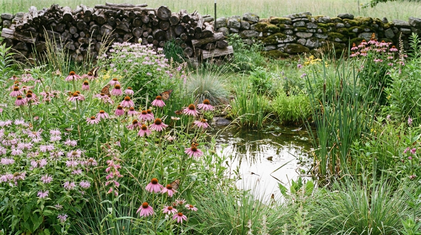 Naturgarten mit Wildstauden, Magerwiese, kleinem Teich und Totholz im Hintergrund