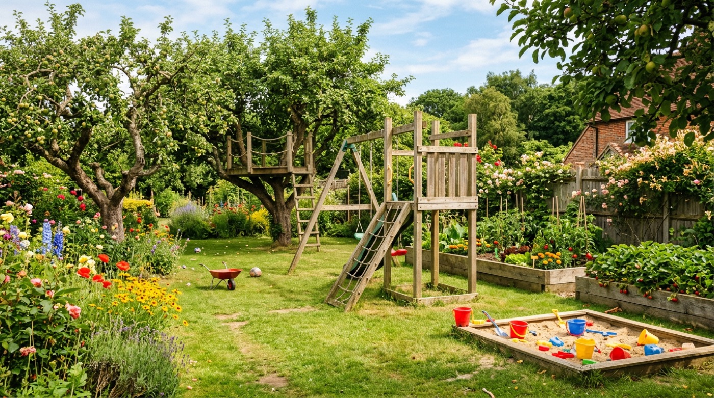 Familiengarten mit Rasenfläche, Klettergerüst, Sandkasten und Hochbeeten unter Obstbäumen