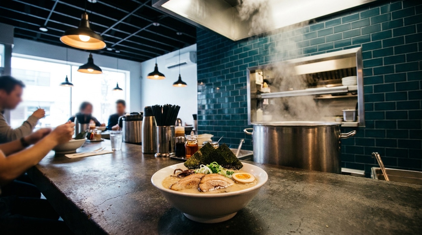 Ramen-Schüssel auf dem Betontresen, dahinter der dampfende Kessel und die offene Küche
