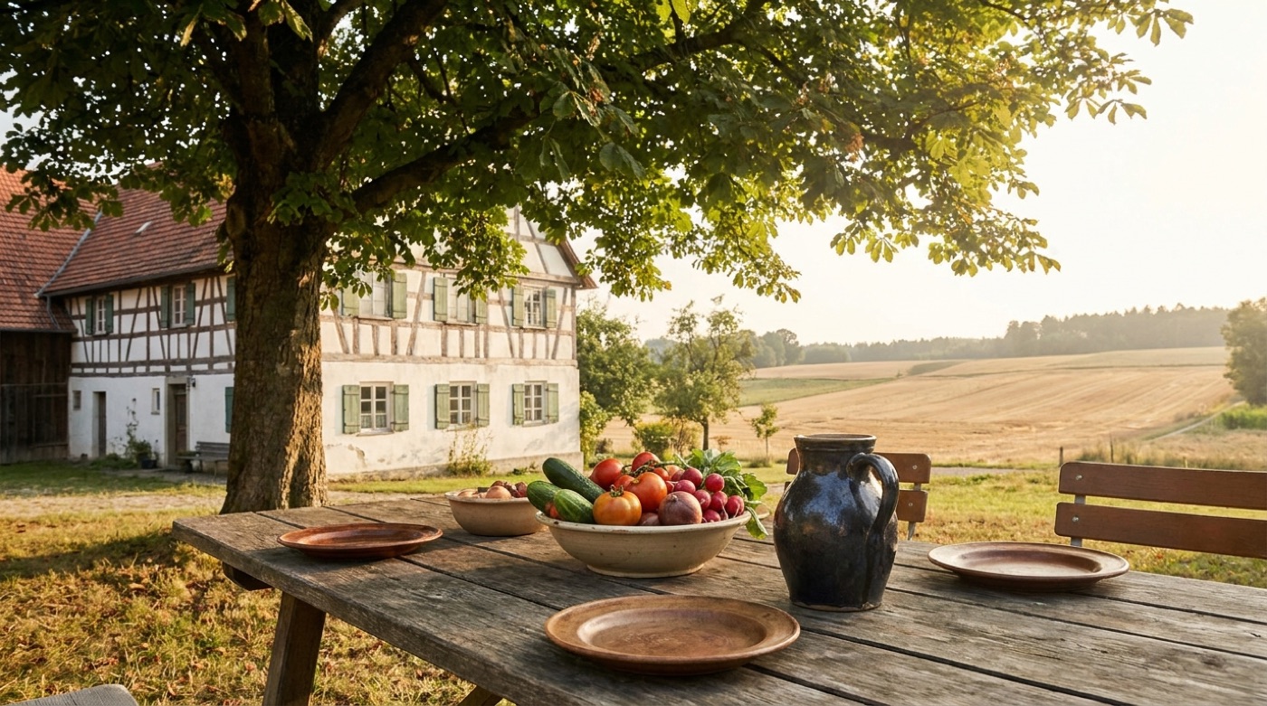 Gedeckter Holztisch unter der Kastanie, dahinter das Fachwerkhaus und das abgeerntete Feld