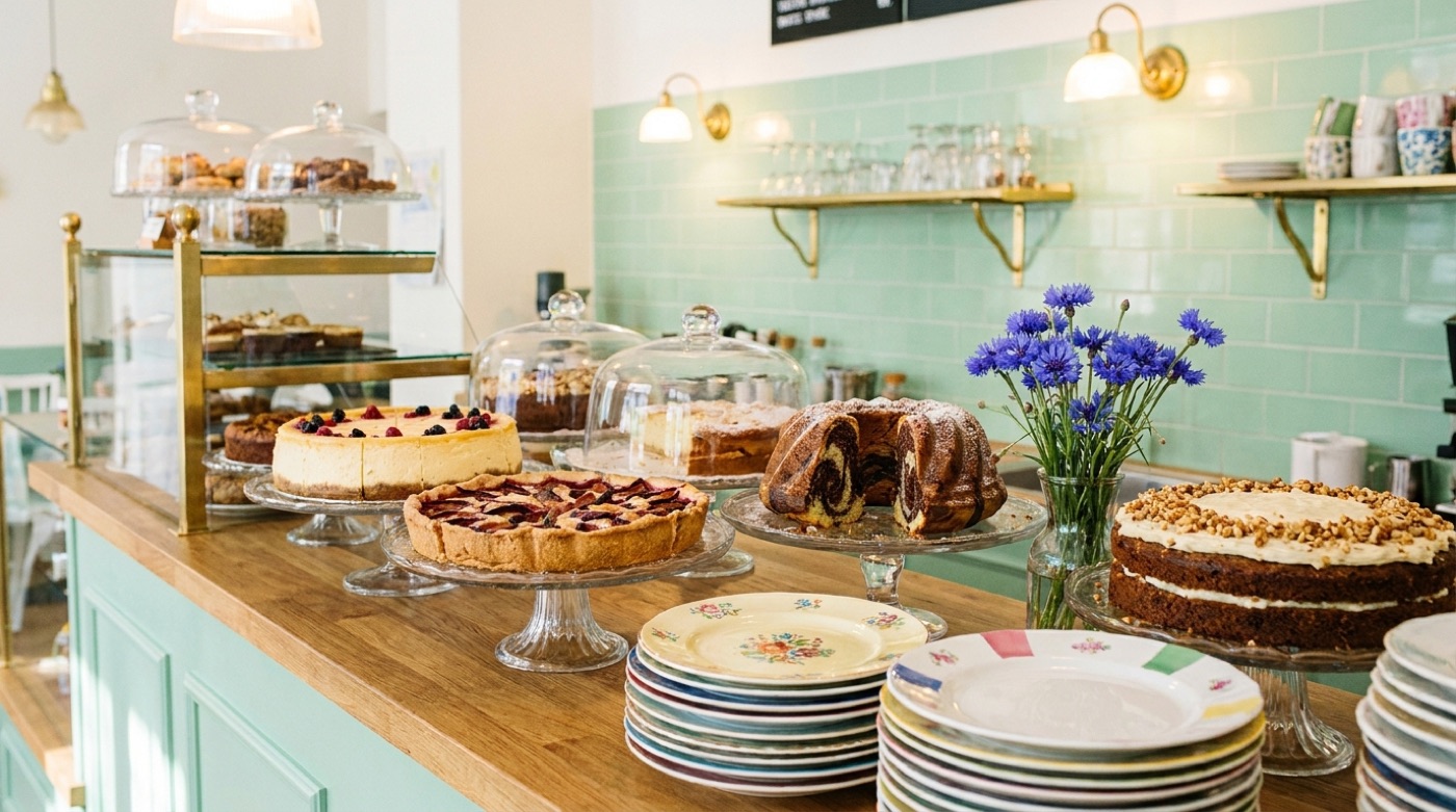 Kuchentresen mit Käsekuchen, Zwetschgendatschi, Gugelhupf und Rüblitorte vor mintgrünen Kacheln