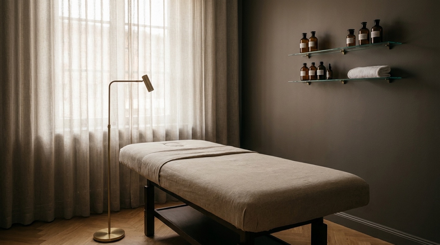 Behandlungsraum mit Liege in Leinen, Messinglampe und Glasregal mit Braunglasflaschen