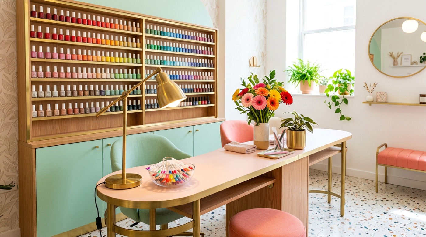 Nagelstudio mit Lackregal in Farbverlauf, Maniküretisch, Messinglampe und Terrazzoboden
