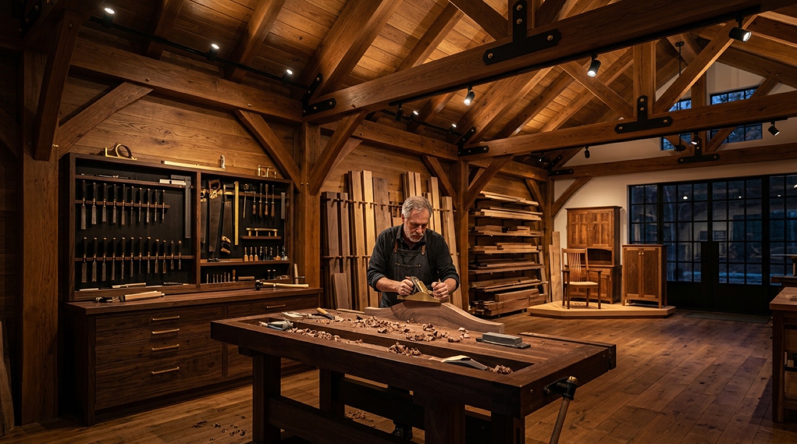 Werkstatt mit sichtbarem Holztragwerk und schwarzen Stahlknoten; ein Zimmerermeister hobelt von Hand an einem geschwungenen Werkstück, dahinter eine geordnete Werkzeugwand