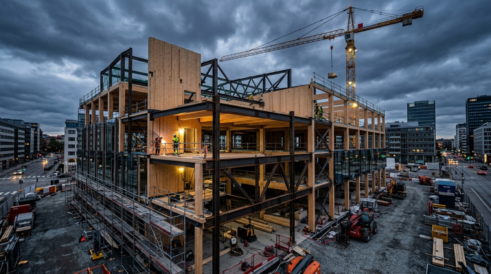 Mehrgeschossiger Holz-Hybridbau im Rohbau bei Dämmerung, Brettschichtholzstützen mit schwarzen Stahlknoten, Gerüst und ein gelber Turmdrehkran über der Stadt