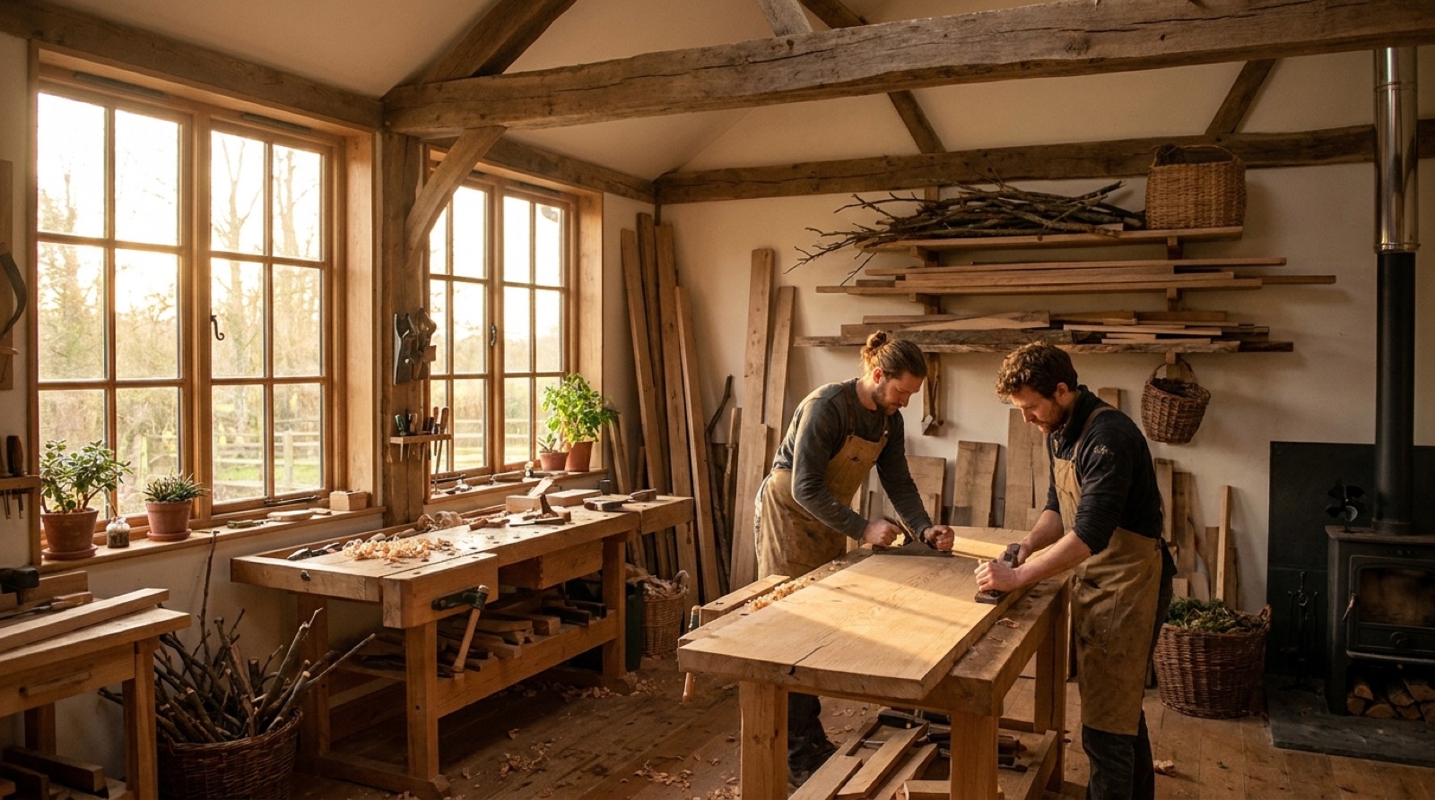 Zimmereiwerkstatt in einem alten Fachwerkbau, zwei Zimmerer hobeln von Hand eine breite Eichenbohle, Gegenlicht durch Sprossenfenster, Holzofen und Weidenkörbe