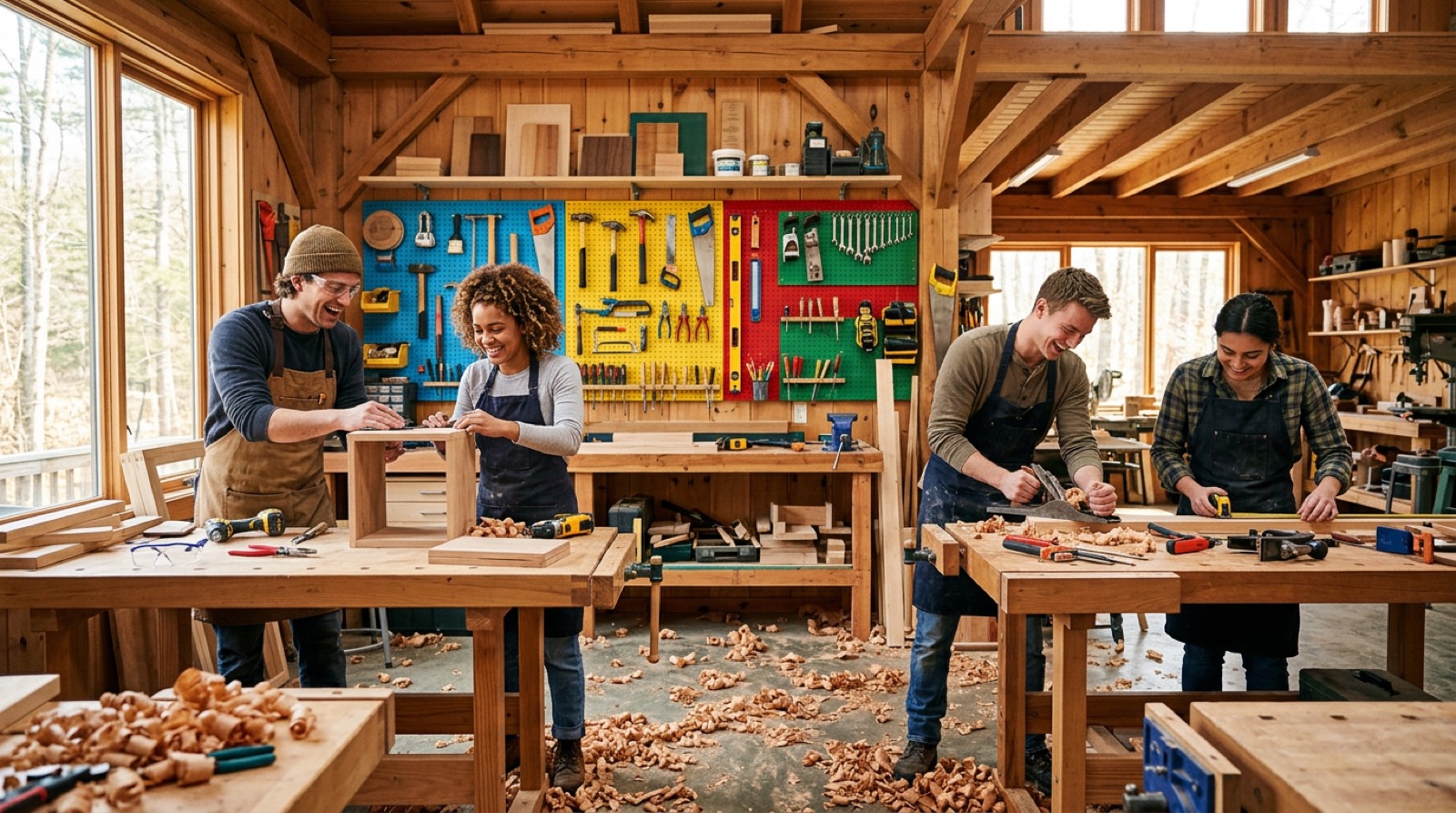 Helle Zimmerei-Werkstatt aus Holz, an der Wand eine Lochwand in Blau, Gelb und Rot mit Werkzeug; vier Personen arbeiten an Werkbänken